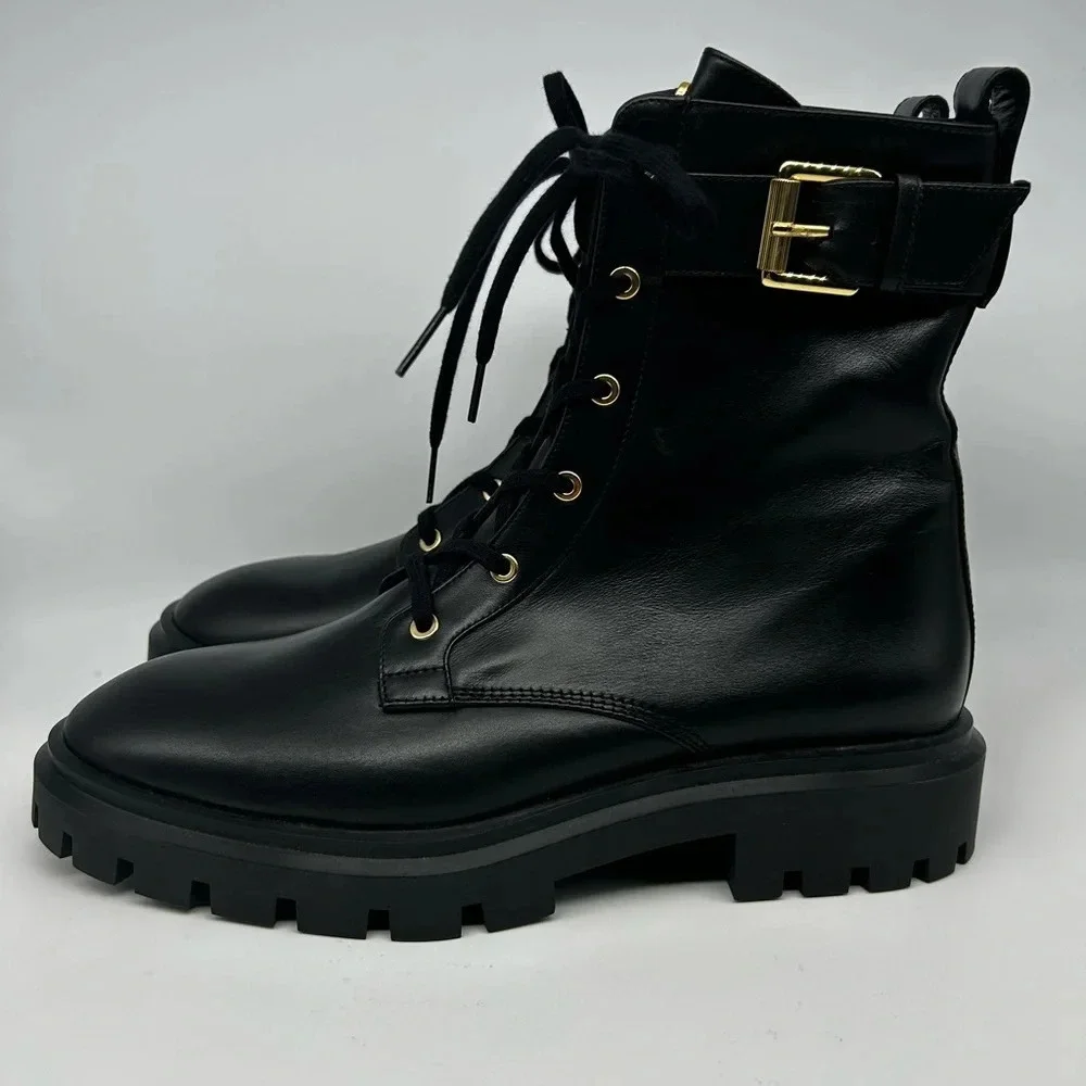 Stuart Weitzman Ultra Lug Black Combat boots Gold Buckles  size 10.5  new